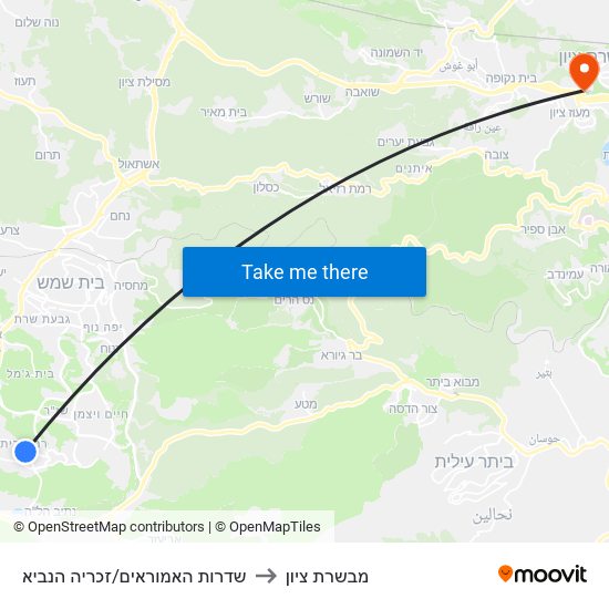 שדרות האמוראים/זכריה הנביא to מבשרת ציון map