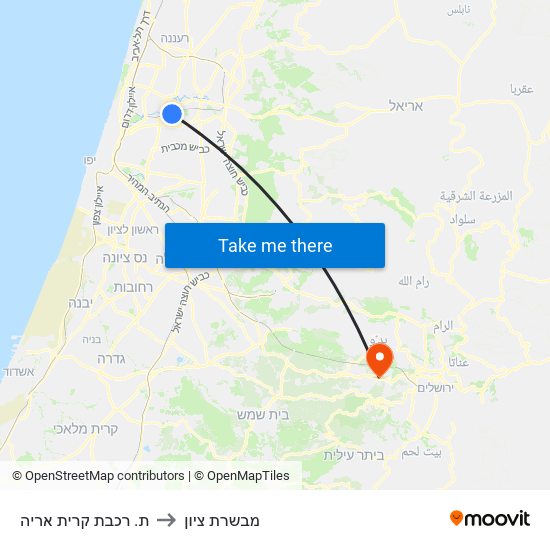 ת. רכבת קרית אריה to מבשרת ציון map