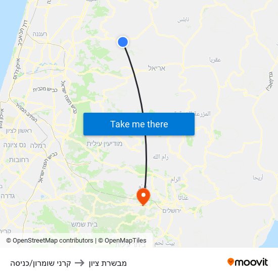 קרני שומרון/כניסה to מבשרת ציון map