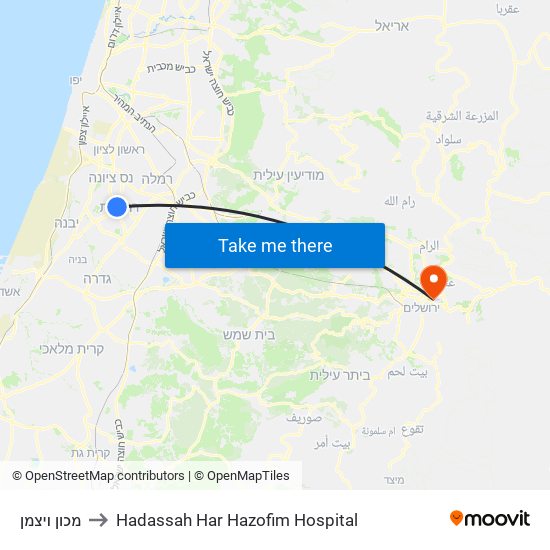 מכון ויצמן to Hadassah Har Hazofim Hospital map