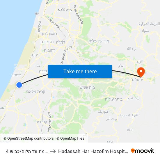 צומת עד הלום/כביש 4 to Hadassah Har Hazofim Hospital map