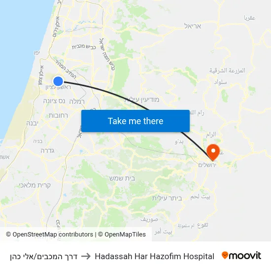 דרך המכבים/אלי כהן to Hadassah Har Hazofim Hospital map
