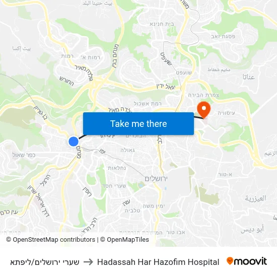 שערי ירושלים/ליפתא to Hadassah Har Hazofim Hospital map