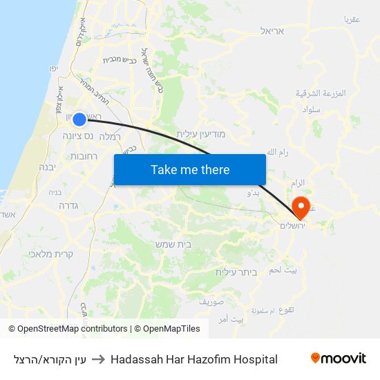 עין הקורא/הרצל to Hadassah Har Hazofim Hospital map