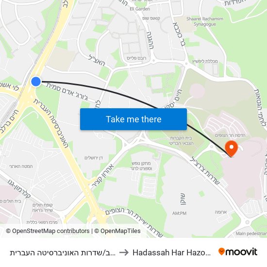 שדרות חיים ברלב/שדרות האוניברסיטה העברית to Hadassah Har Hazofim Hospital map