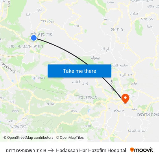 צומת חשמונאים דרום to Hadassah Har Hazofim Hospital map
