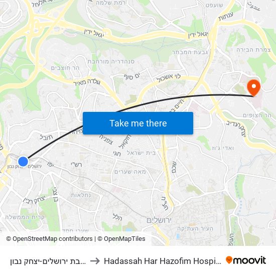 רכבת ירושלים-יצחק נבון to Hadassah Har Hazofim Hospital map