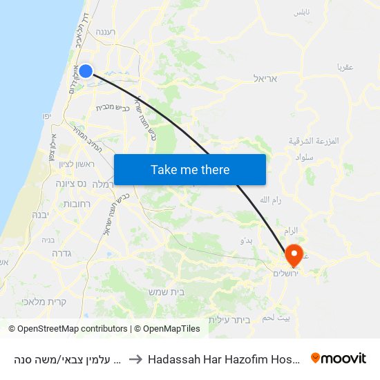 בית עלמין צבאי/משה סנה to Hadassah Har Hazofim Hospital map