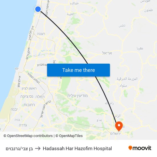 בן צבי/גרנבוים to Hadassah Har Hazofim Hospital map