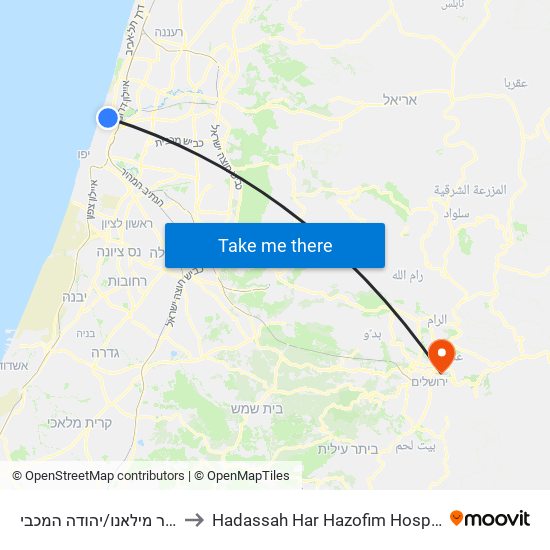כיכר מילאנו/יהודה המכבי to Hadassah Har Hazofim Hospital map