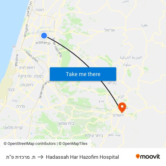 ת. מרכזית פ''ת to Hadassah Har Hazofim Hospital map