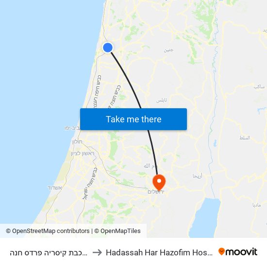 ת. רכבת קיסריה פרדס חנה to Hadassah Har Hazofim Hospital map