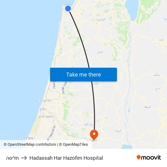 חליסה to Hadassah Har Hazofim Hospital map