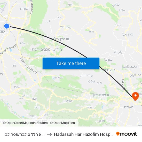אבא הלל סילבר/פסח לב to Hadassah Har Hazofim Hospital map