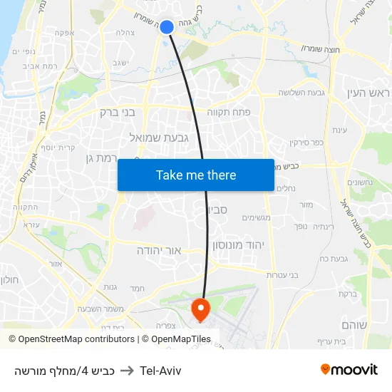 כביש 4/מחלף מורשה to Tel-Aviv map