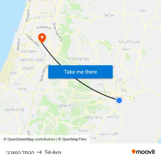 הכותל המערבי to Tel-Aviv map