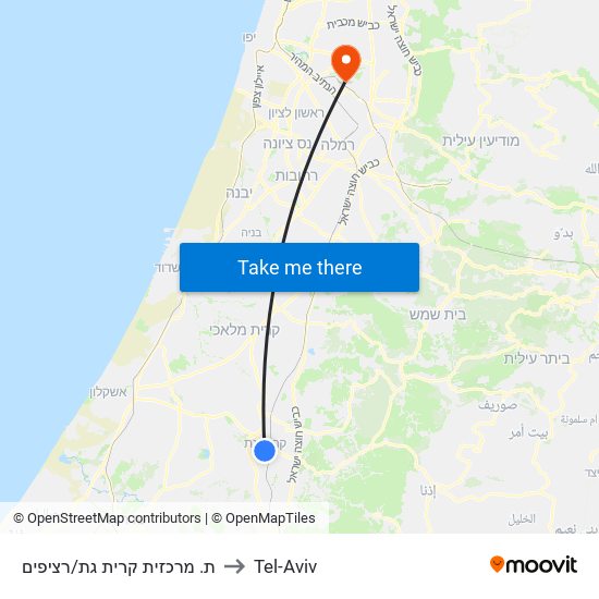 ת. מרכזית קרית גת/רציפים to Tel-Aviv map