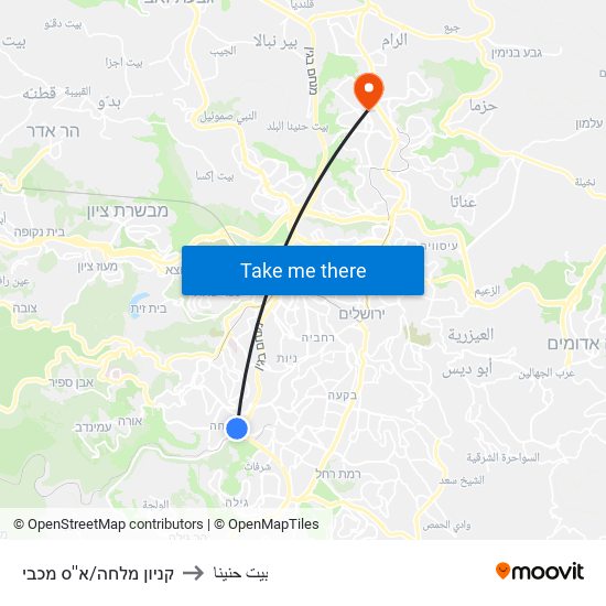 קניון מלחה/א''ס מכבי to بيت حنينا map