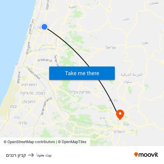 קניון רננים to بيت حنينا map