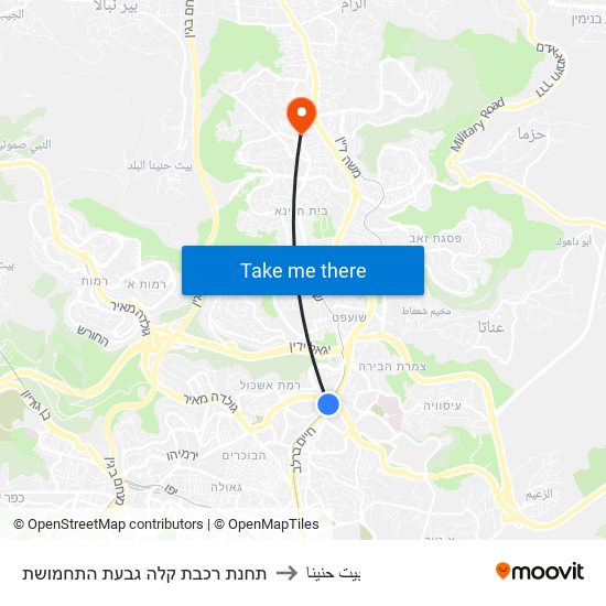 תחנת רכבת קלה גבעת התחמושת to بيت حنينا map