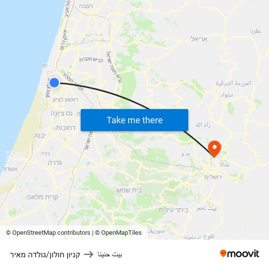 קניון חולון/גולדה מאיר to بيت حنينا map