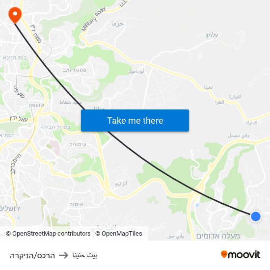 הרכס/הניקרה to بيت حنينا map