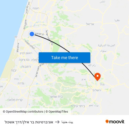 אוניברסיטת בר אילן/דרך אשכול to بيت حنينا map