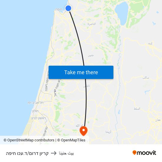 קריון דרום/ד.עכו חיפה to بيت حنينا map