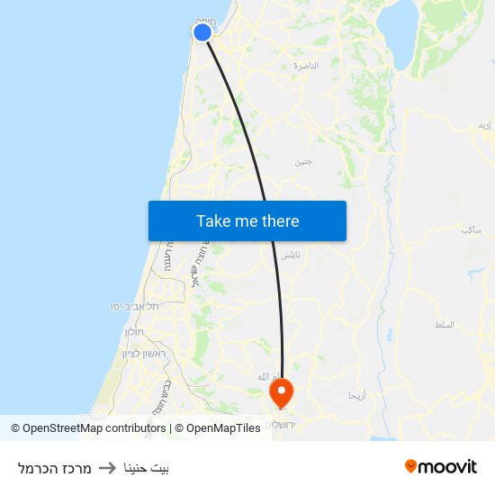 מרכז הכרמל to بيت حنينا map