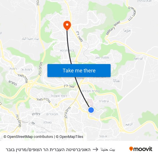 האוניברסיטה העברית הר הצופים/מרטין בובר to بيت حنينا map