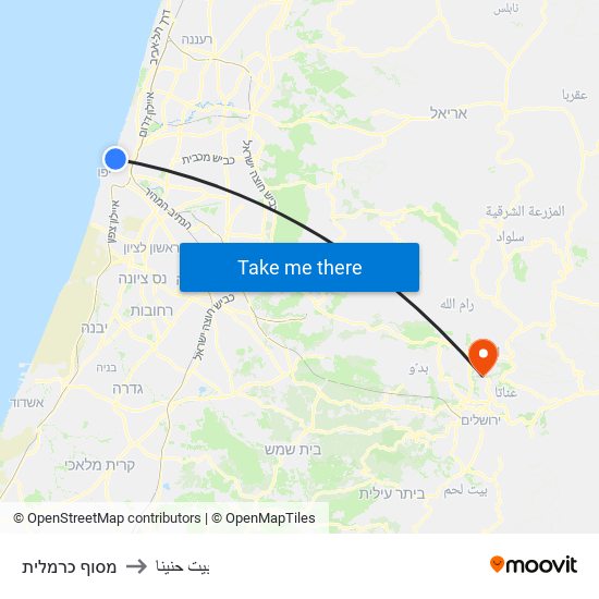 מסוף כרמלית to بيت حنينا map