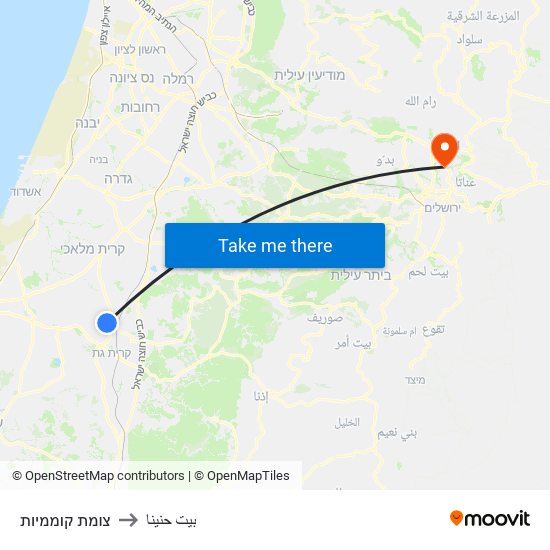 צומת קוממיות to بيت حنينا map