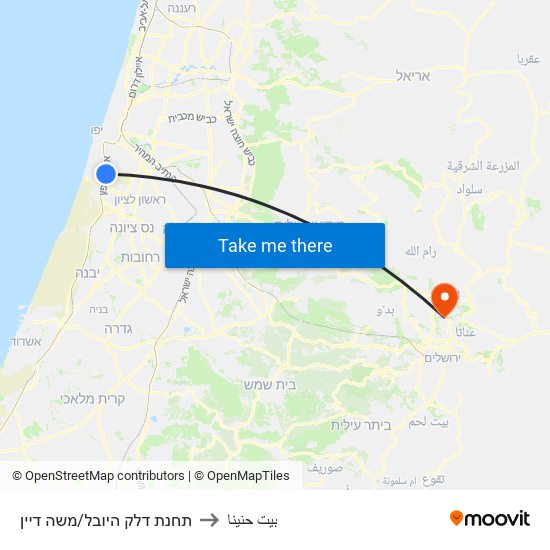 תחנת דלק היובל/משה דיין to بيت حنينا map