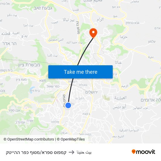 קמפוס ספרא/מסוף כפר ההייטק to بيت حنينا map