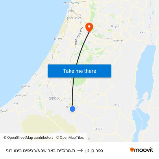 ת.מרכזית באר שבע/רציפים בינעירוני to כפר בן נון map