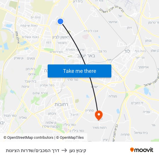 דרך המכבים/שדרות הציונות to קיבוץ נען map