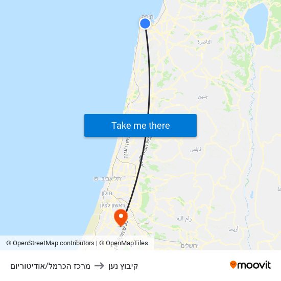 מרכז הכרמל/אודיטוריום to קיבוץ נען map