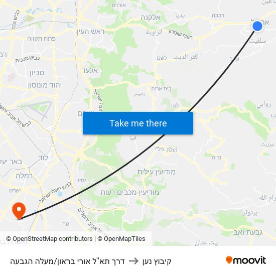 דרך תא''ל אורי בראון/מעלה הגבעה to קיבוץ נען map