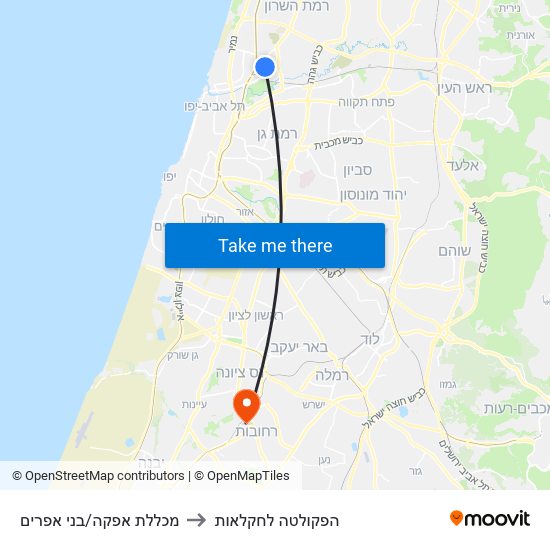 מכללת אפקה/בני אפרים to הפקולטה לחקלאות map