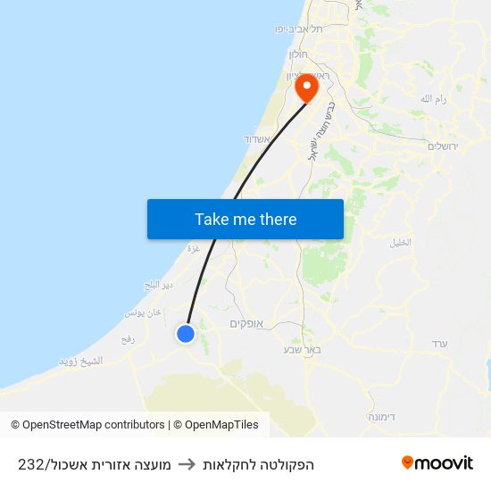 מועצה אזורית אשכול/232 to הפקולטה לחקלאות map