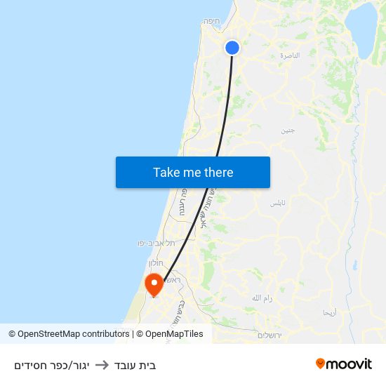 יגור/כפר חסידים to בית עובד map