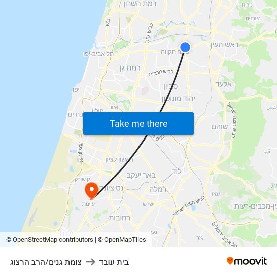 צומת גנים/הרב הרצוג to בית עובד map