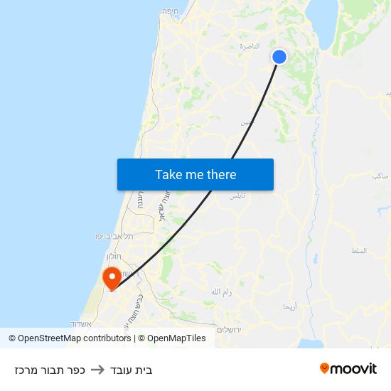 כפר תבור מרכז to בית עובד map