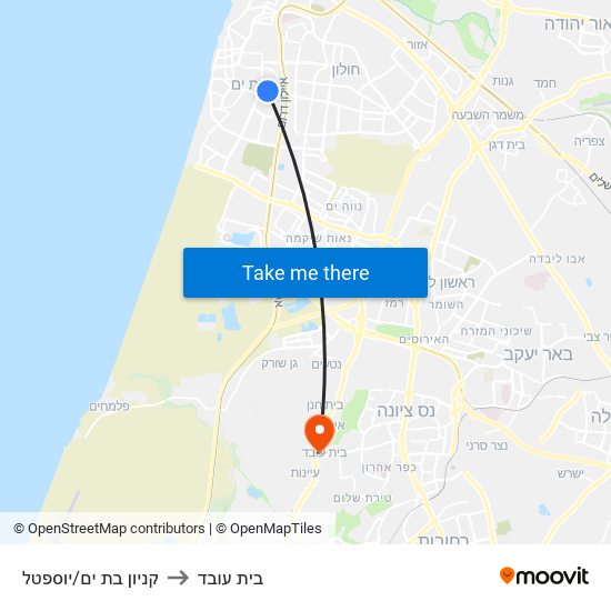 קניון בת ים/יוספטל to בית עובד map