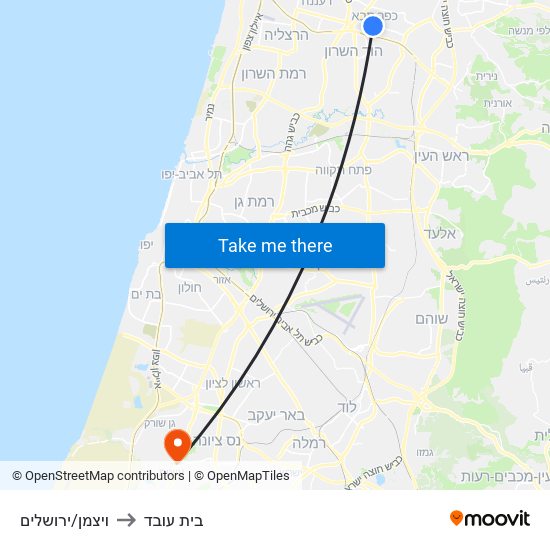 ויצמן/ירושלים to בית עובד map