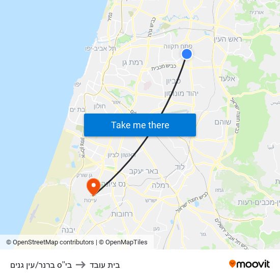 בי''ס ברנר/עין גנים to בית עובד map