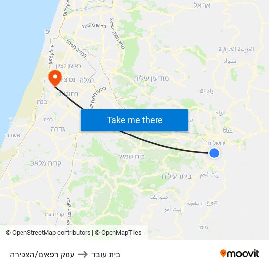 עמק רפאים/הצפירה to בית עובד map