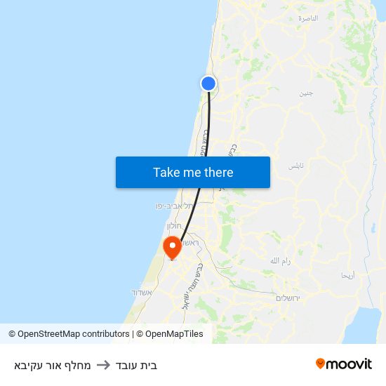 מחלף אור עקיבא to בית עובד map