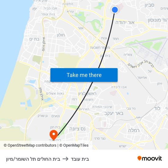בית החולים תל השומר/מיון to בית עובד map