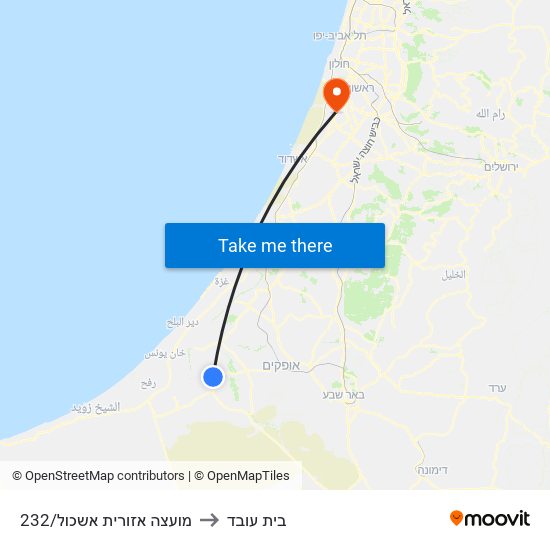 מועצה אזורית אשכול/232 to בית עובד map